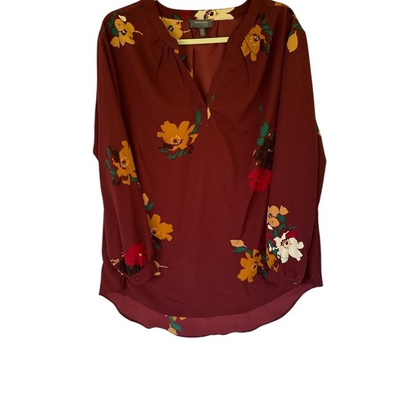 Madison Tops - Plus size Madison Maroon Floral V-Neck Blouse CURVI 2X